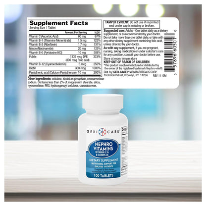 GeriCare Nephro Vitamin C & B Complex Tablets – 100 Count, Pack of 2 | Kidney Health & Energy Support