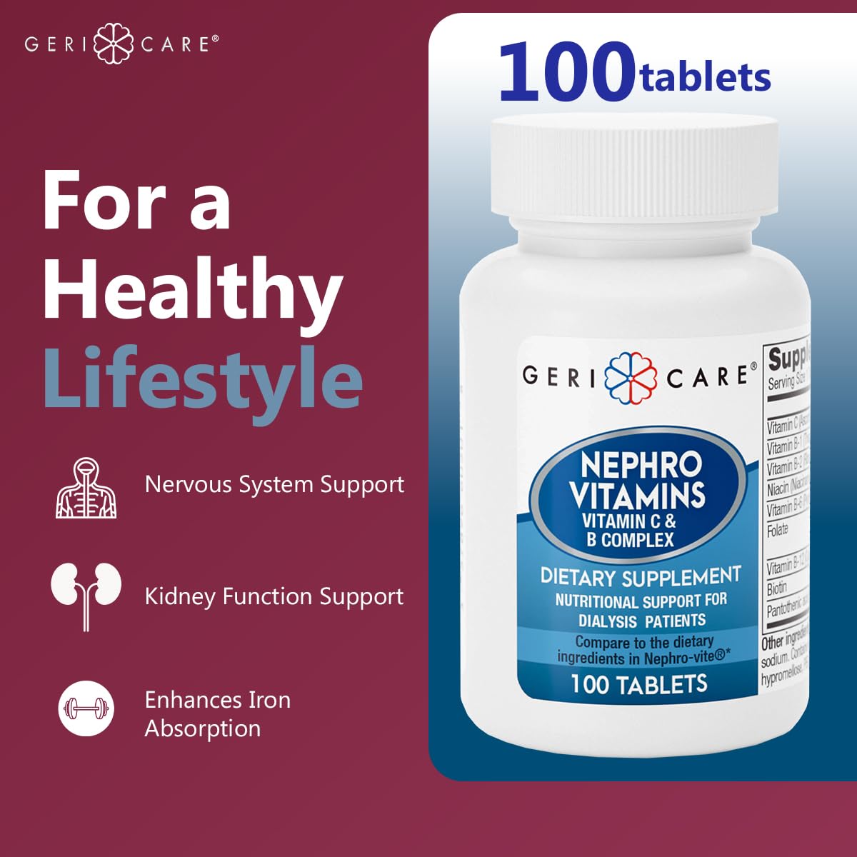GeriCare Nephro Vitamin C & B Complex Tablets – 100 Count, Pack of 2 | Kidney Health & Energy Support