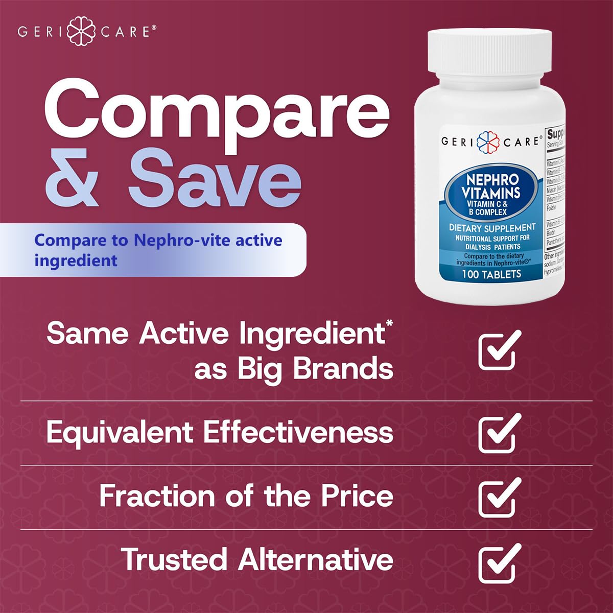 GeriCare Nephro Vitamin C & B Complex Tablets – Kidney Health & Energy (100 Count)