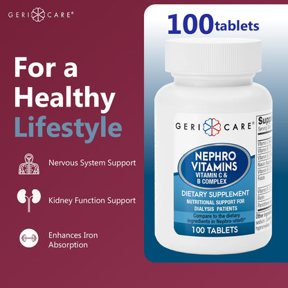GeriCare Nephro Vitamin C & B Complex Tablets – Kidney Health & Energy (100 Count)