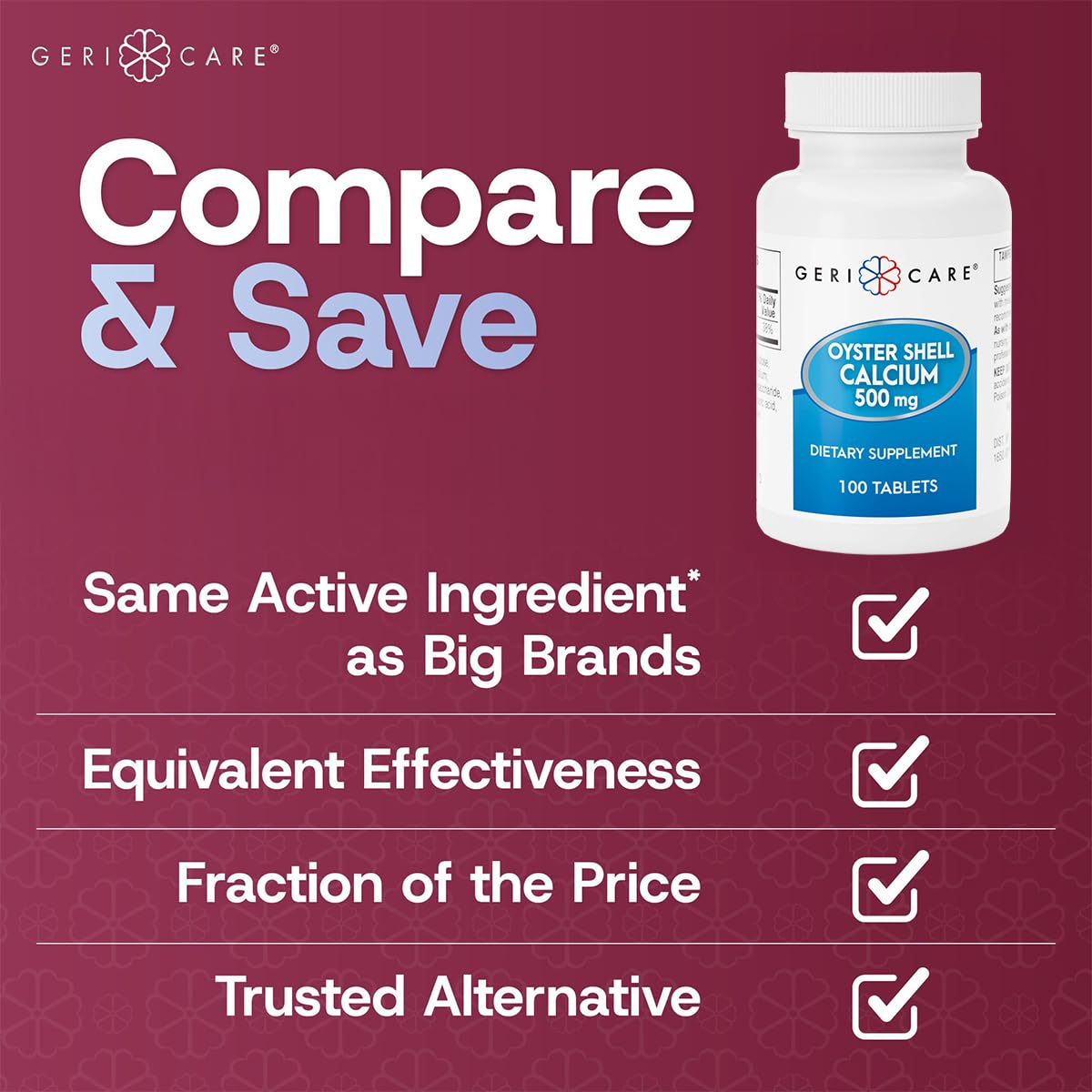GeriCare Oyster Shell Calcium 500 mg – Bone Health Supplement | 100 Count (Pack of 1)
