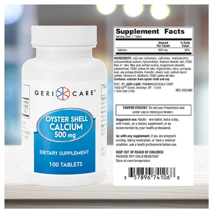 GeriCare Oyster Shell Calcium 500 mg – Bone Health Supplement | 100 Count (Pack of 1)