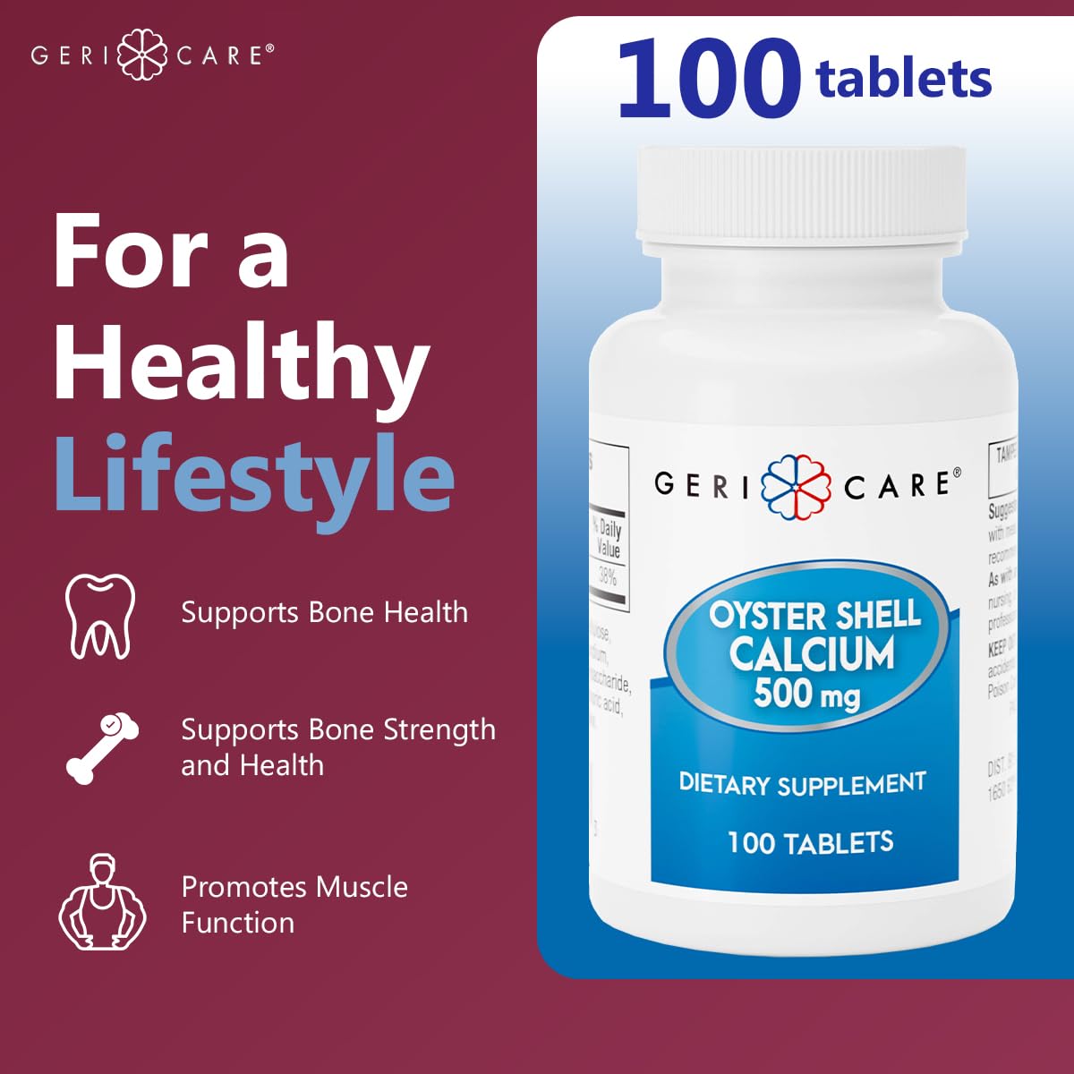 GeriCare Oyster Shell Calcium 500 mg – Bone Health Supplement | 100 Count (Pack of 1)