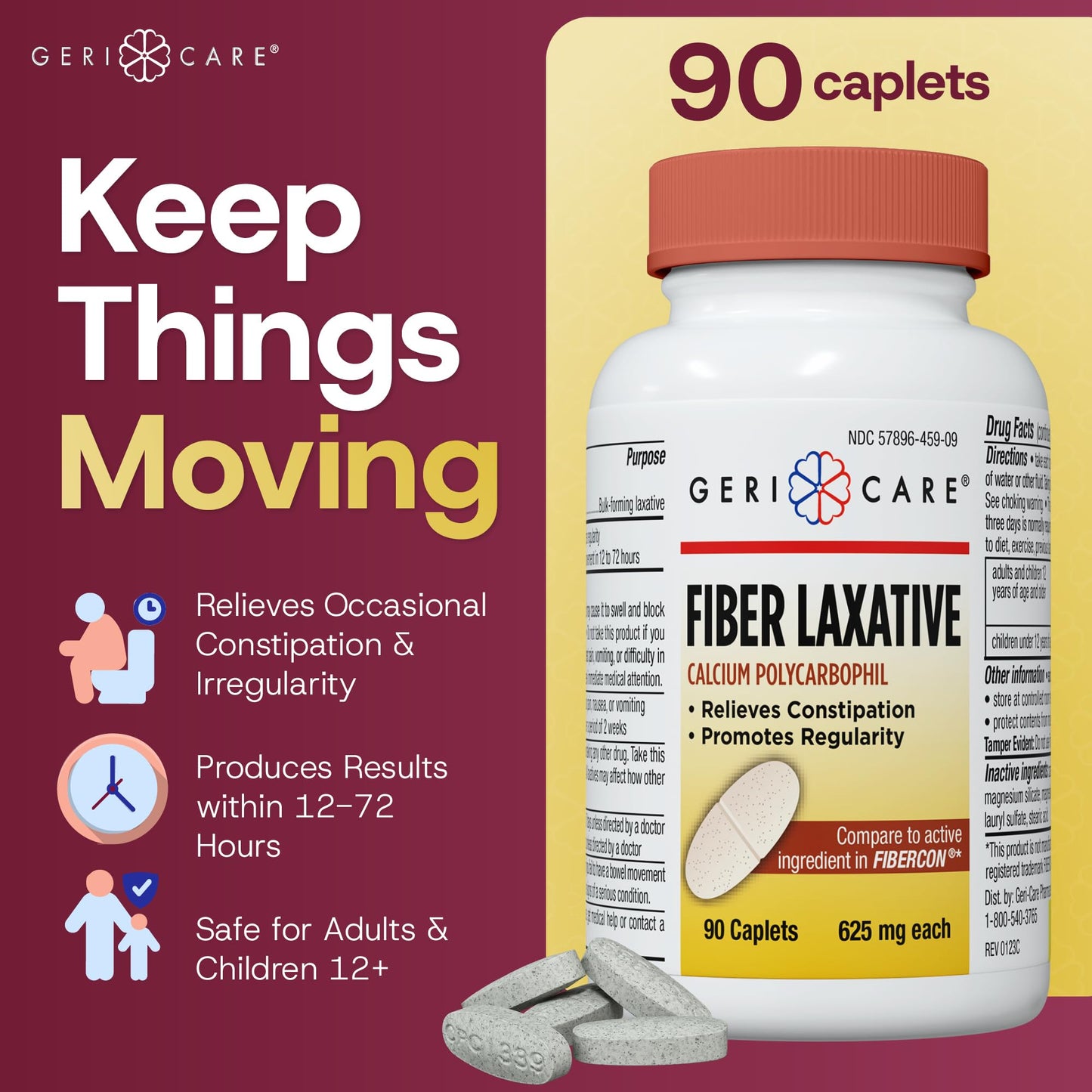 GeriCare Fiber Laxative Caplets 625mg | Calcium Polycarbophil for Gentle Digestion, 2-Pack (90 Count Each)
