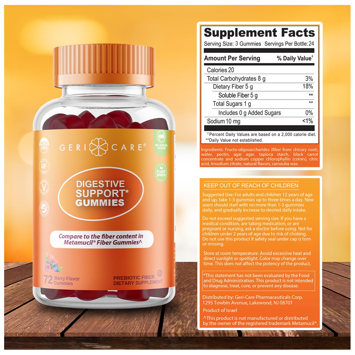 GeriCare Prebiotic Digestive Support Gummies Berry Flavor (72 Count, 2 Pack) – Plant-Based, Non-GMO, Gluten-Free & Vegan