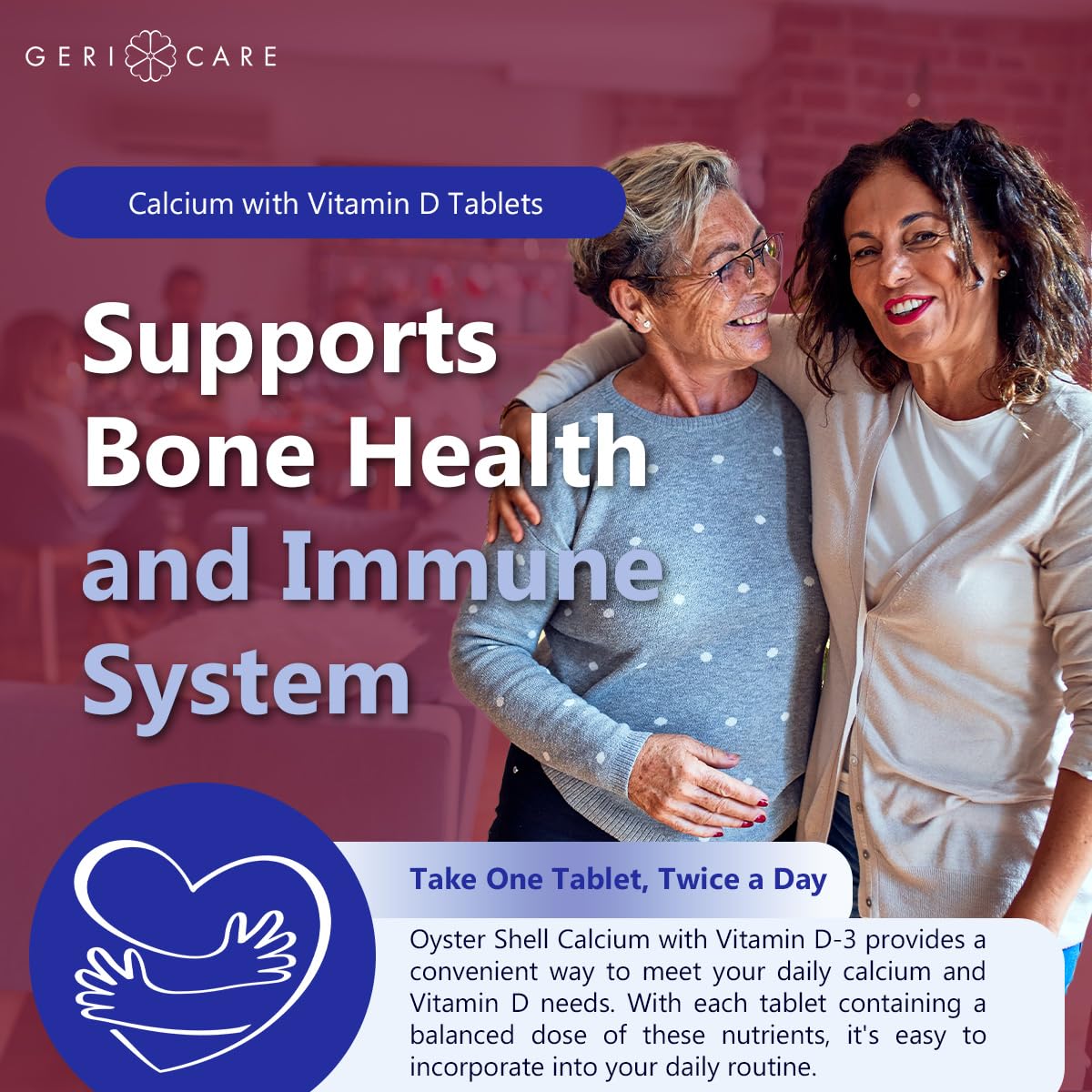 GeriCare Oyster Shell Calcium 500mg + Vitamin D for Bone Health - 60 Count