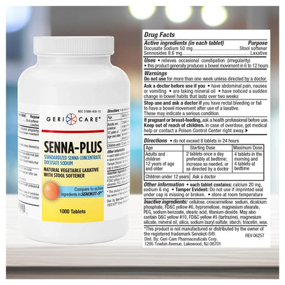 GeriCare Senna Plus Laxative Tablets 50 mg/8.6 mg – 1000 Tablets | Docusate Sodium + Sennosides