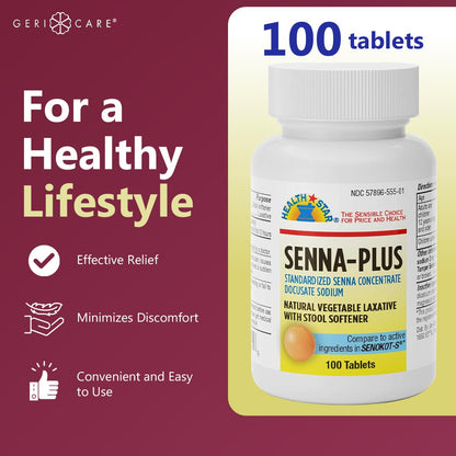 GeriCare Senna Plus Natural Laxative with Stool Softener – 200 Tablets (Pack of 2)