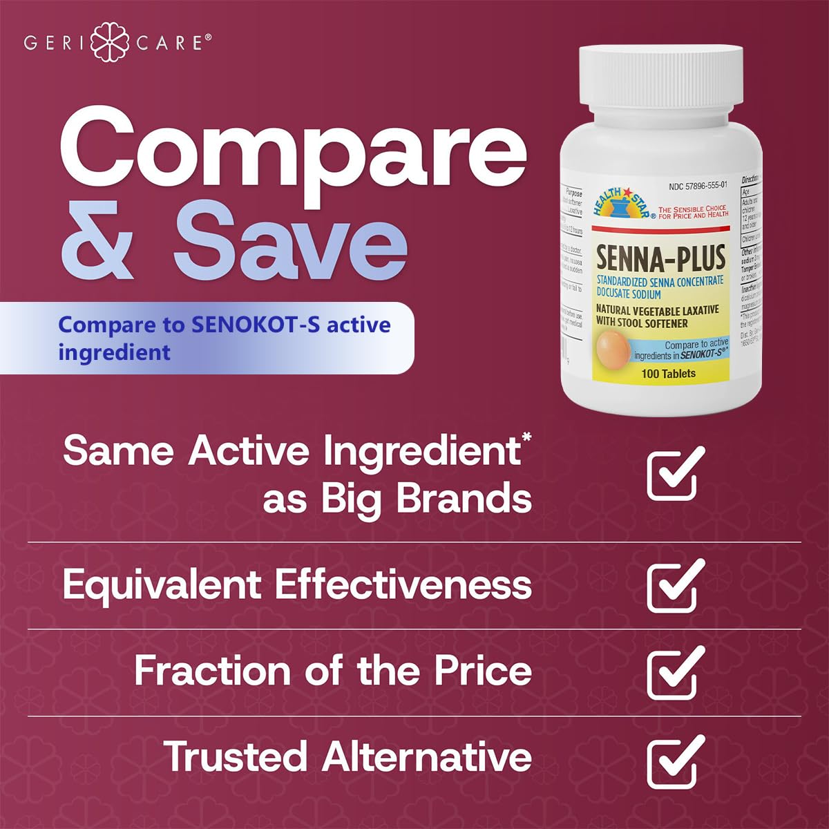 GeriCare Senna Plus Natural Laxative with Stool Softener – 200 Tablets (Pack of 2)