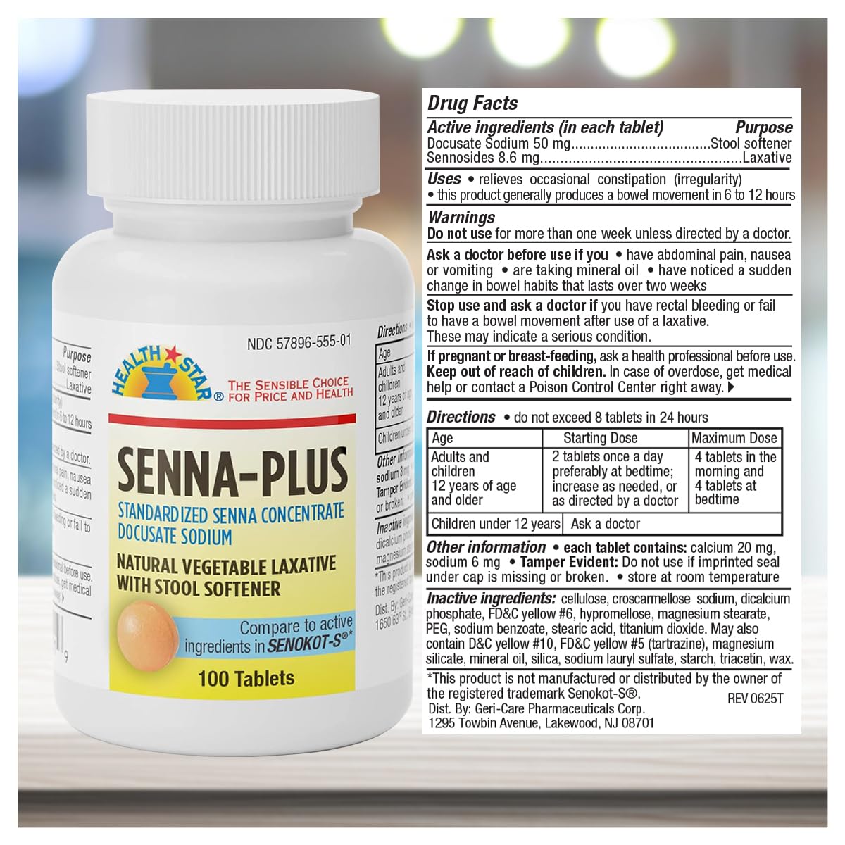 GeriCare Senna Plus Natural Laxative with Stool Softener – 200 Tablets (Pack of 2)