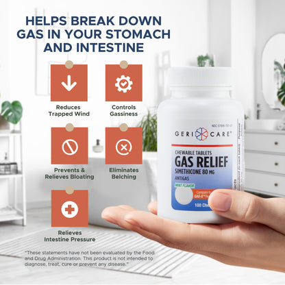 GeriCare Simethicone 80mg Chewable Gas-Relief Tablets | Mint Flavor, 2-Pack (100 Tablets) | Fast Gas Relief