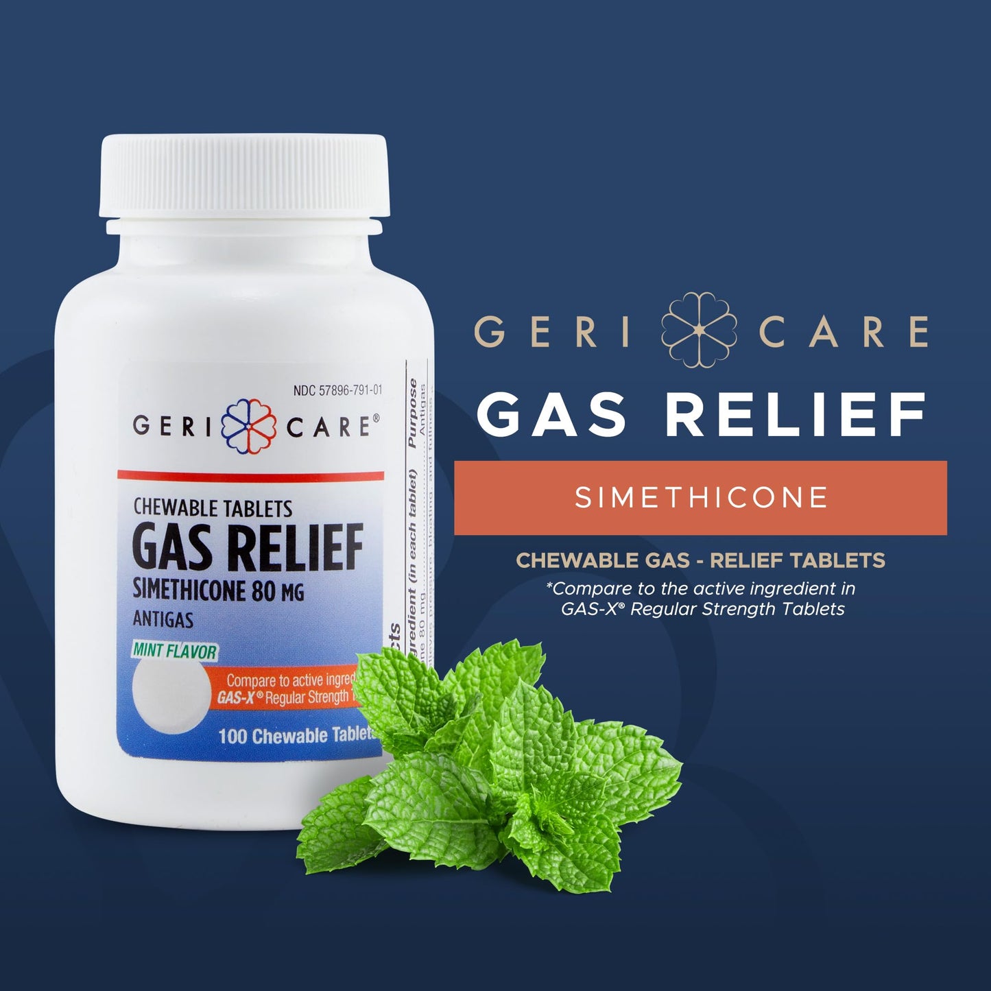GeriCare Simethicone Chewables 80mg - Mint Flavor, 100 Tablets | Fast Gas Relief