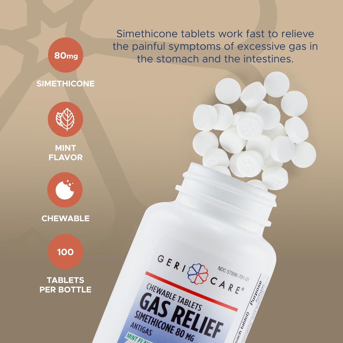 GeriCare Simethicone 80mg Chewable Gas-Relief Tablets | Mint Flavor, 2-Pack (100 Tablets) | Fast Gas Relief
