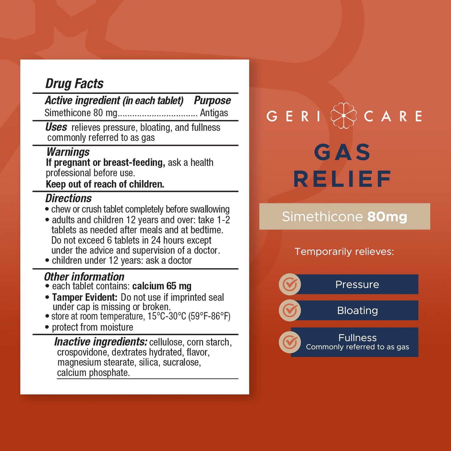 GeriCare Simethicone 80mg Chewable Gas-Relief Tablets | Mint Flavor, 2-Pack (100 Tablets) | Fast Gas Relief