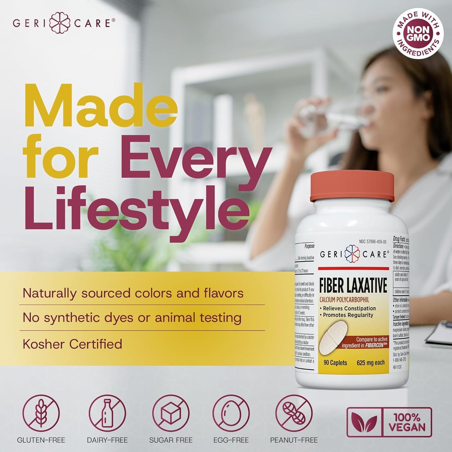 GeriCare Fiber Laxative Caplets 625mg | Calcium Polycarbophil for Gentle Digestion, 2-Pack (90 Count Each)