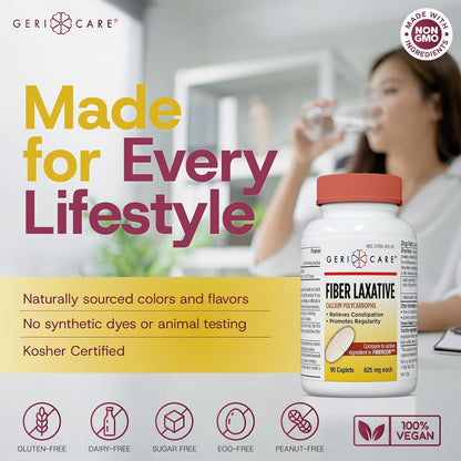 GeriCare Fiber Laxative Caplets 625mg | Calcium Polycarbophil for Gentle Digestion, 2-Pack (90 Count Each)