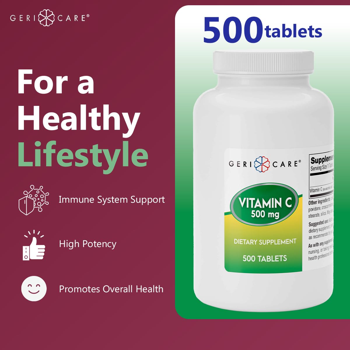 GeriCare Vitamin C 500 mg - Immune Support, Antioxidant (500 Count)