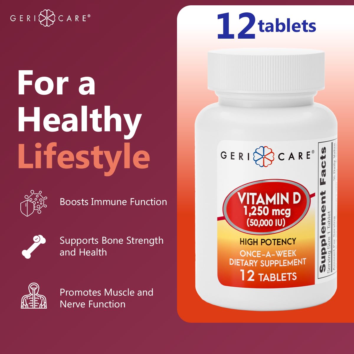 GeriCare Vitamin D 50,000 IU High Potency – Weekly 12 Count (Pack of 2) – Bone, Muscle & Immunity Support