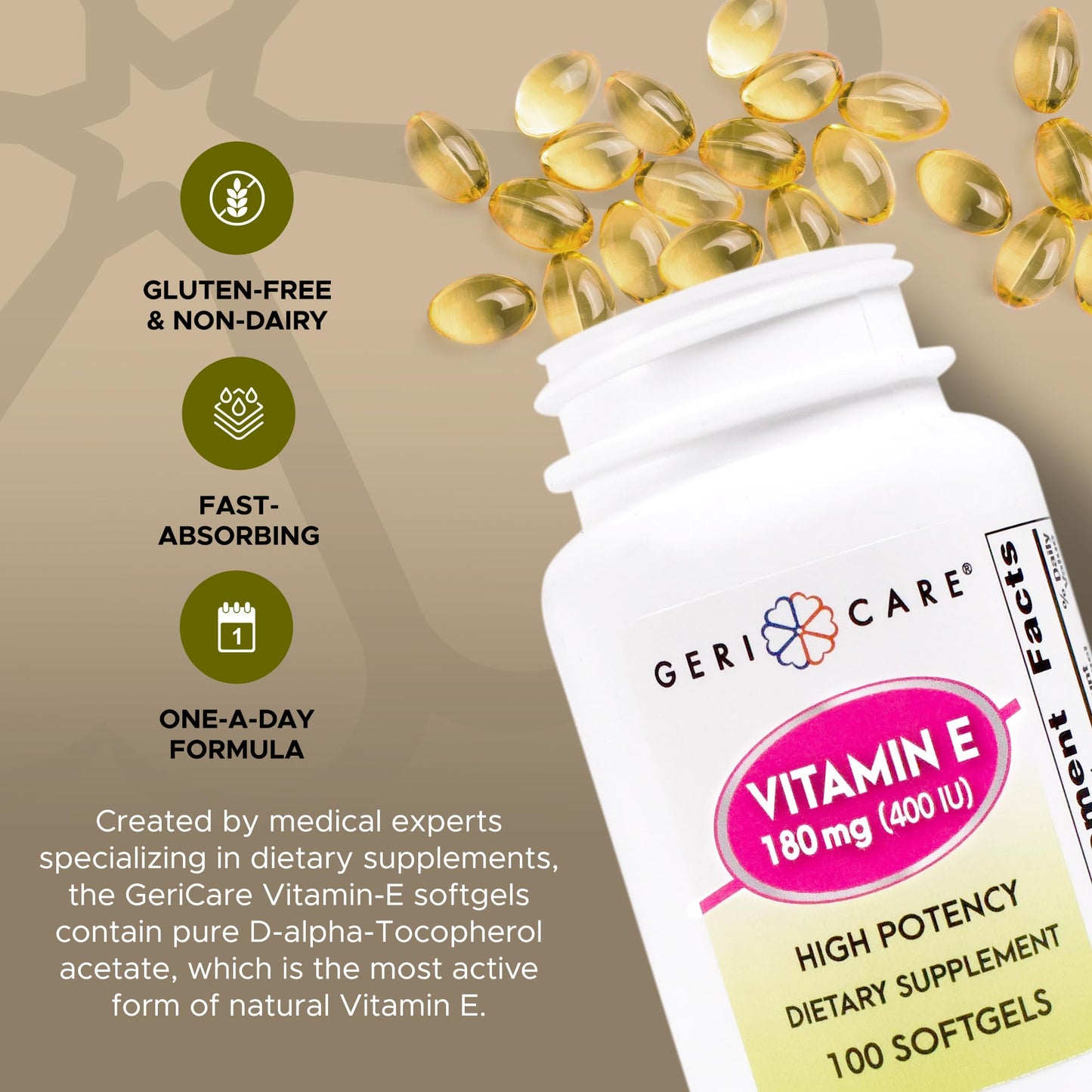 GeriCare High-Potency Vitamin E Capsules – 3 Potencies (100/400/1000 IU) | 100 Count | For Women & Men