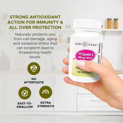 GeriCare High-Potency Vitamin E Capsules – 3 Potencies (100/400/1000 IU) | 100 Count | For Women & Men