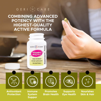GeriCare High-Potency Vitamin E Capsules – 3 Potencies (100/400/1000 IU) | 100 Count | For Women & Men