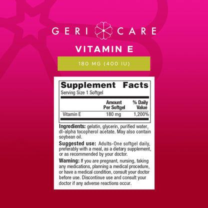 GeriCare High-Potency Vitamin E Capsules – 3 Potencies (100/400/1000 IU) | 100 Count | For Women & Men