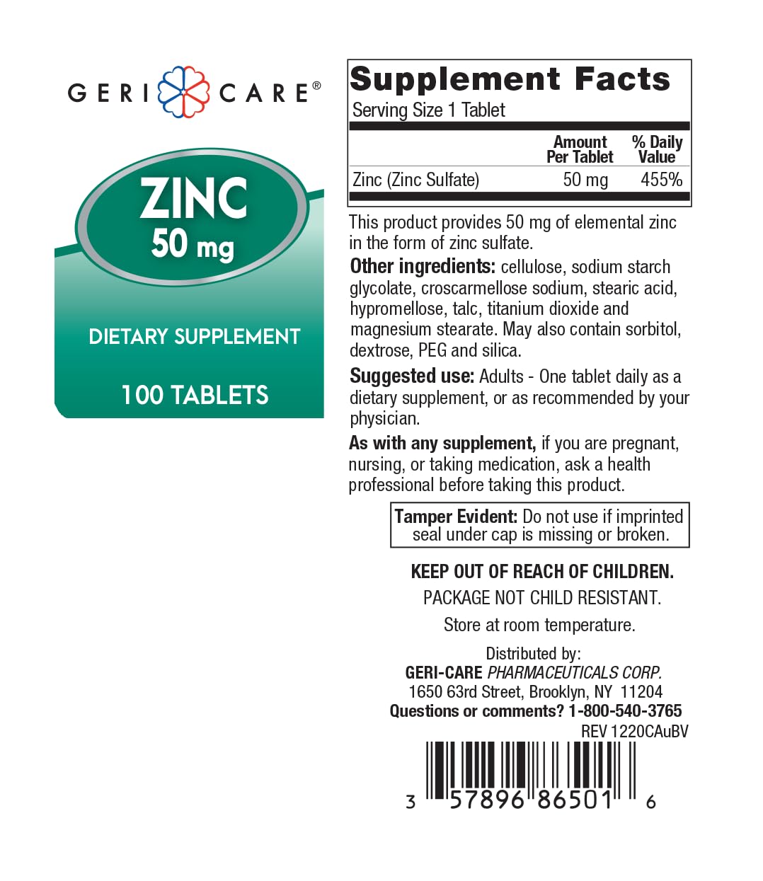 GeriCare Zinc Sulfate 50mg Dietary Supplement – 100 Count