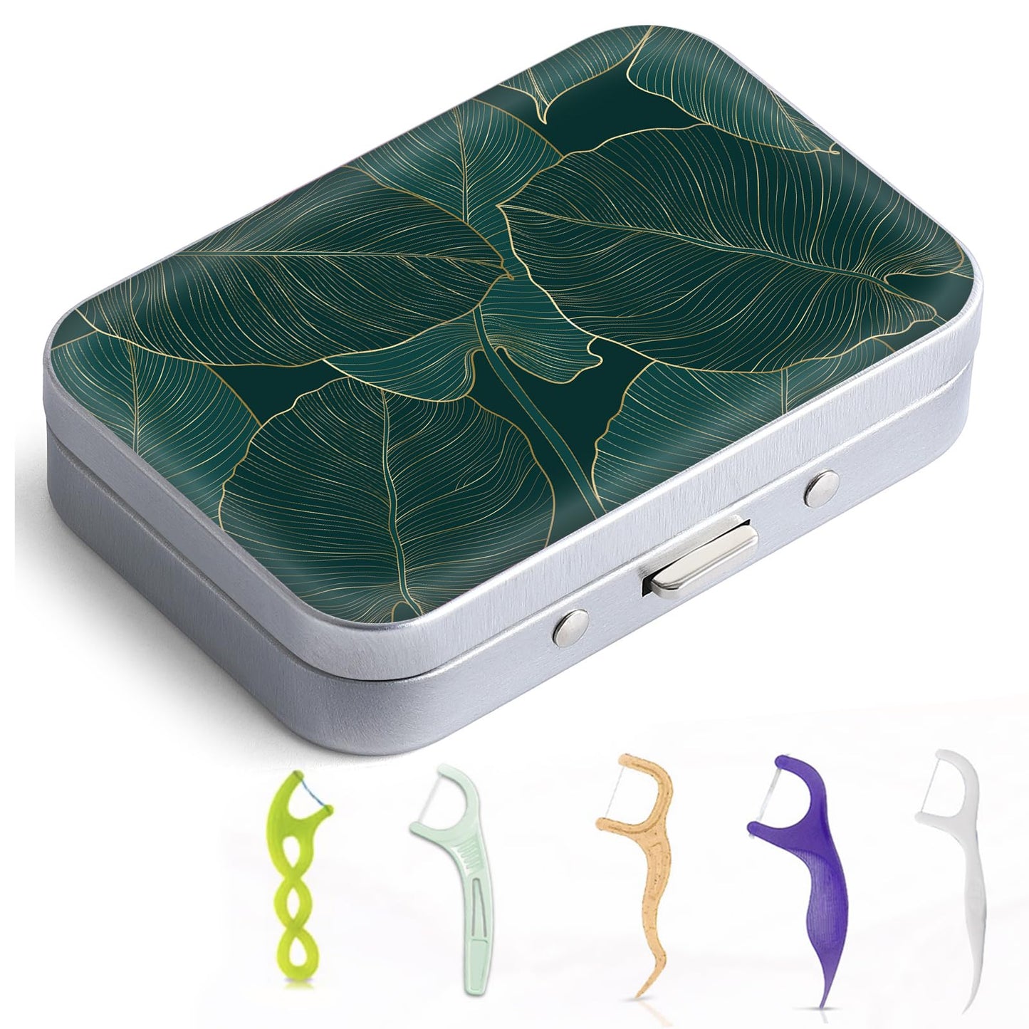 Gerkia Dental Floss Portable Case – Emerald Green Leaf | Travel Floss Dispenser with Built-in Mirror