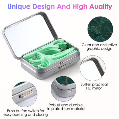 Gerkia Dental Floss Portable Case – Emerald Green Leaf | Travel Floss Dispenser with Built-in Mirror