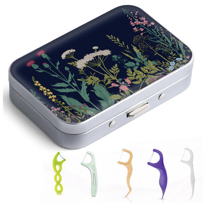 Gerkia Dental Floss Portable Case – Travel Dispenser with Mirror (Black Flower)