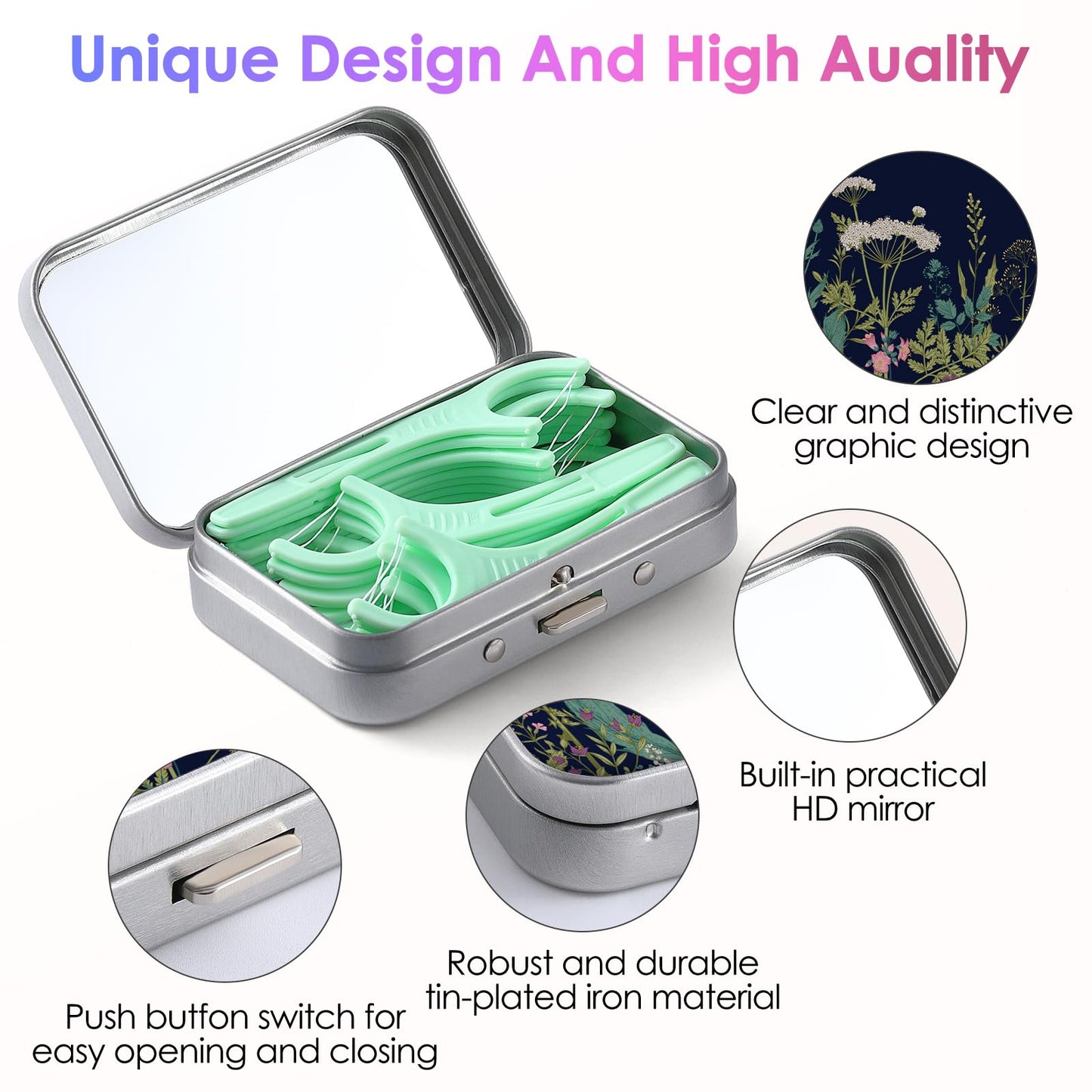 Gerkia Dental Floss Portable Case – Travel Dispenser with Mirror (Black Flower)