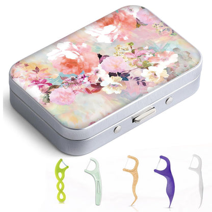 Gerkia Dental Floss Portable Case – Travel Dispenser with Mirror (Pink Flower)