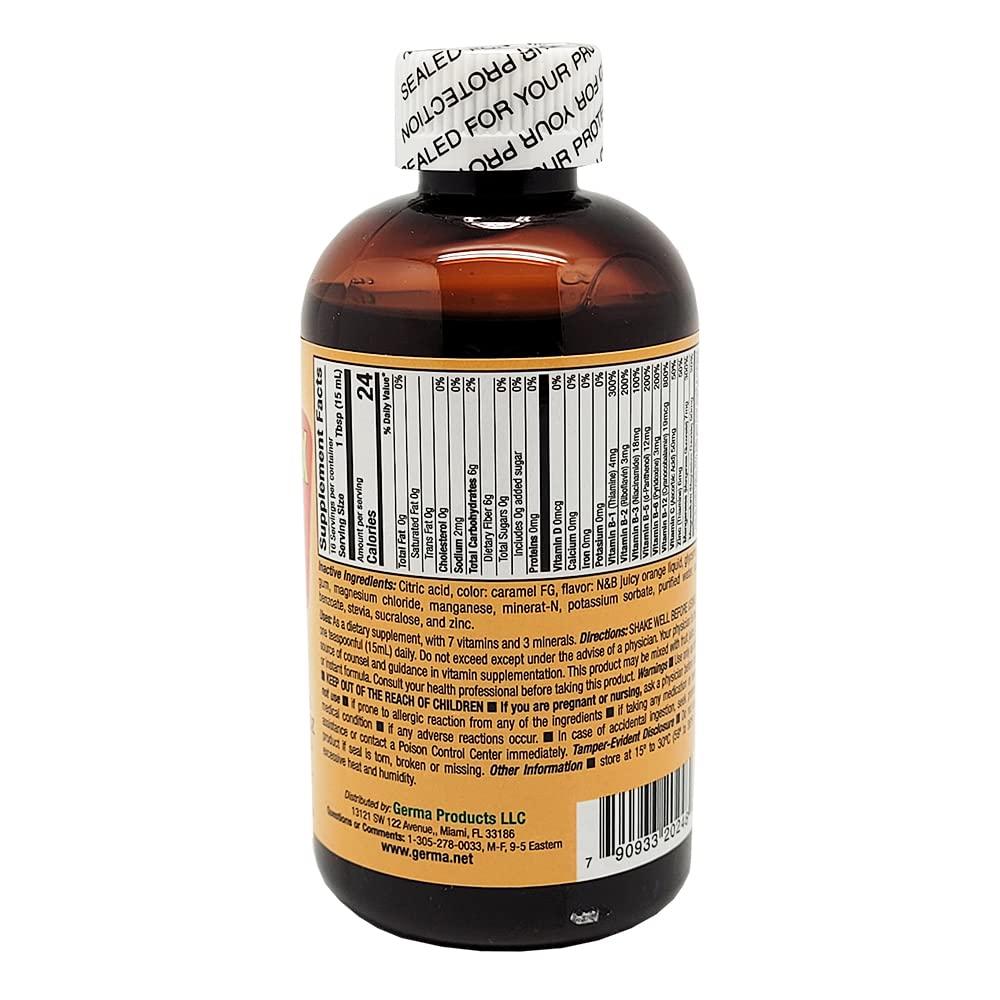 Germa B-Complex Syrup – Sugar Free Orange Flavor, 8 oz | Dietary Supplement for Energy, Bone Health & Growth