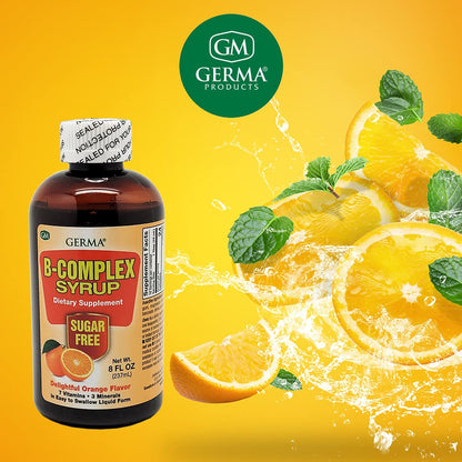 Germa B-Complex Syrup – Sugar Free Orange Flavor, 8 oz | Dietary Supplement for Energy, Bone Health & Growth