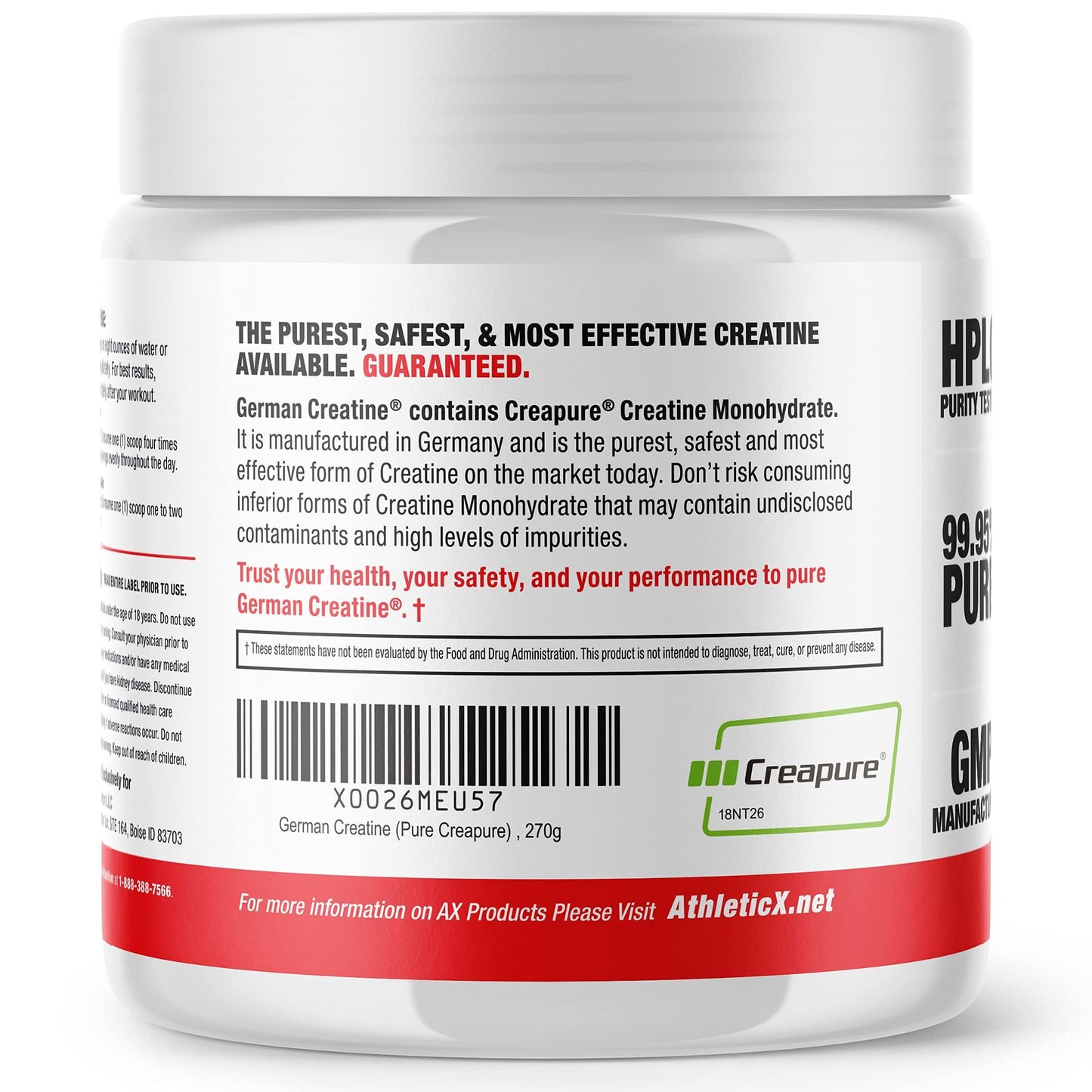 German Creatine Micronized Monohydrate Powder | 99.99% Creapure, Unflavored, 270g (54 Servings) – 3rd-Party Tested