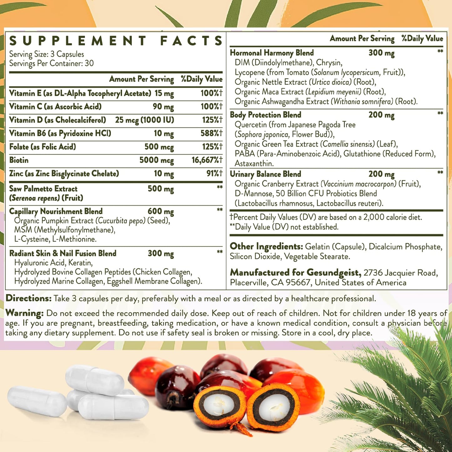 Gesundgeist Saw Palmetto for Women Hair Loss - DHT Blocker with 5-in-1 Blend for Hair Growth, Skin & Nails, Urinary Wellness - Extra Strength Saw Palmetto Supplement - 90 Capsules