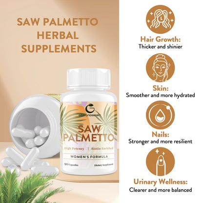 Gesundgeist Saw Palmetto for Women Hair Loss - DHT Blocker with 5-in-1 Blend for Hair Growth, Skin & Nails, Urinary Wellness - Extra Strength Saw Palmetto Supplement - 90 Capsules
