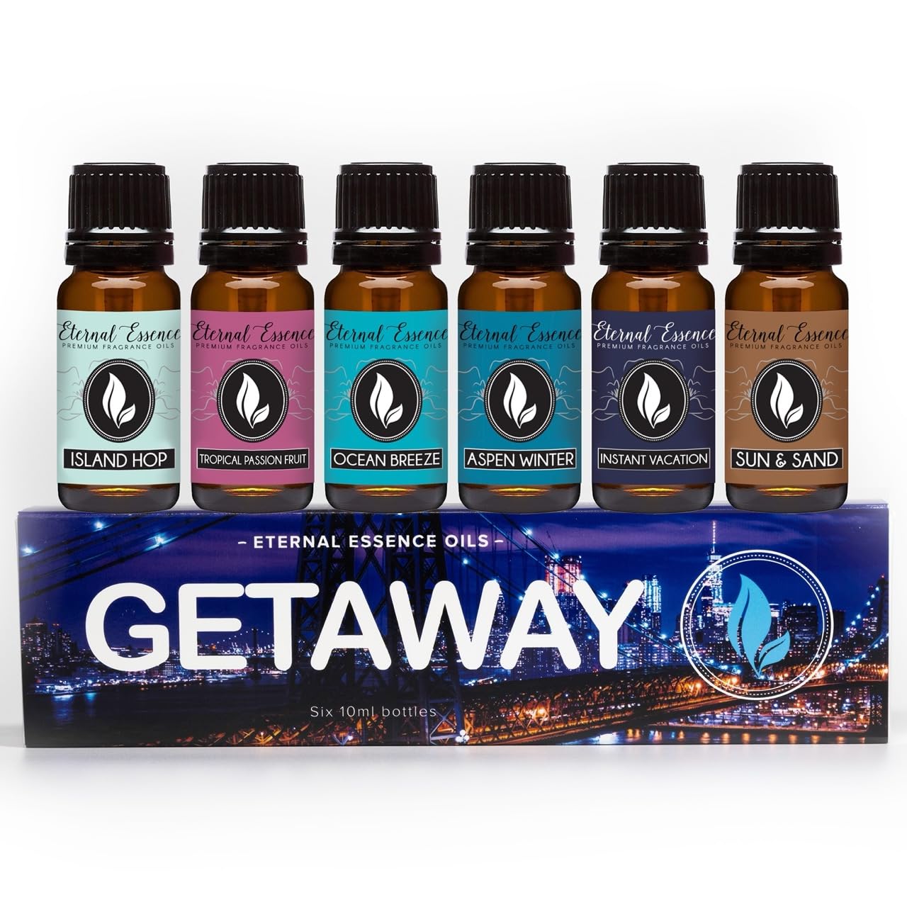 Get Away Gift Set: 6 Premium Fragrance Oils (10ml each) – Island Hop, Ocean Breeze, Tropical Passion Fruit, Aspen Winter, Instant Vacation, Sun & Sand