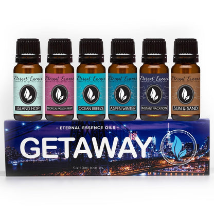 Get Away Gift Set: 6 Premium Fragrance Oils (10ml each) – Island Hop, Ocean Breeze, Tropical Passion Fruit, Aspen Winter, Instant Vacation, Sun & Sand