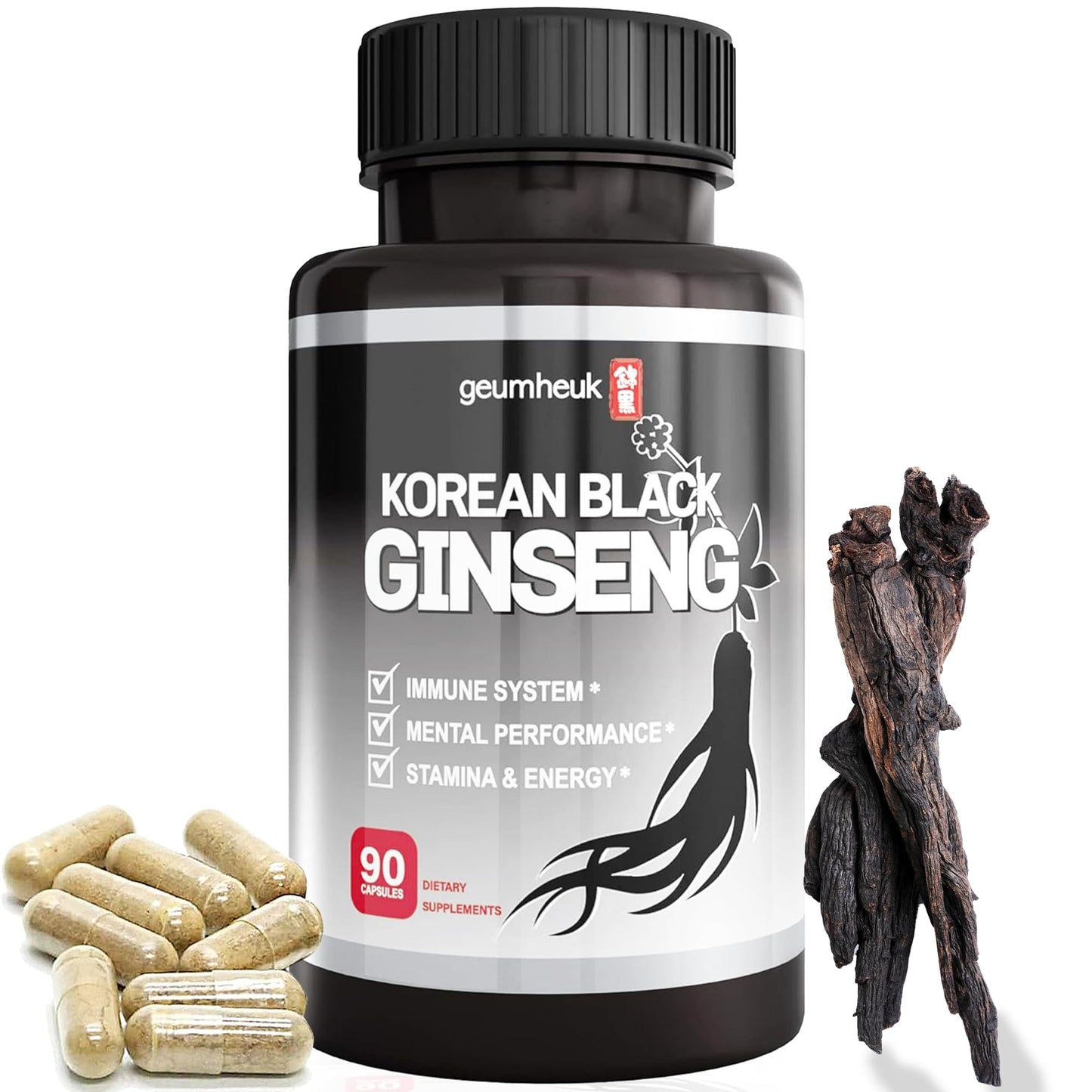 GeumHeuk Korean Black Panax Ginseng Capsule 1000mg - 90 Vegan Capsules Non GMO, High Ginsenosides, High Absorption Rate, Enhance Immunity, Mental Performance, Stamina & Energy, Men & Women