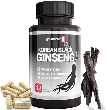 GeumHeuk Korean Black Panax Ginseng Capsule 1000mg - 90 Vegan Capsules Non GMO, High Ginsenosides, High Absorption Rate, Enhance Immunity, Mental Performance, Stamina & Energy, Men & Women