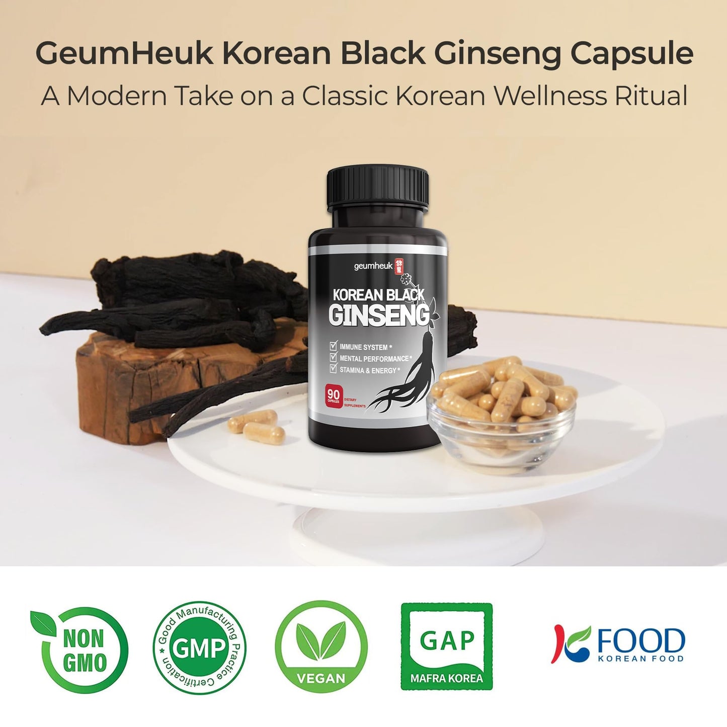 GeumHeuk Korean Black Panax Ginseng Capsule 1000mg - 90 Vegan Capsules Non GMO, High Ginsenosides, High Absorption Rate, Enhance Immunity, Mental Performance, Stamina & Energy, Men & Women