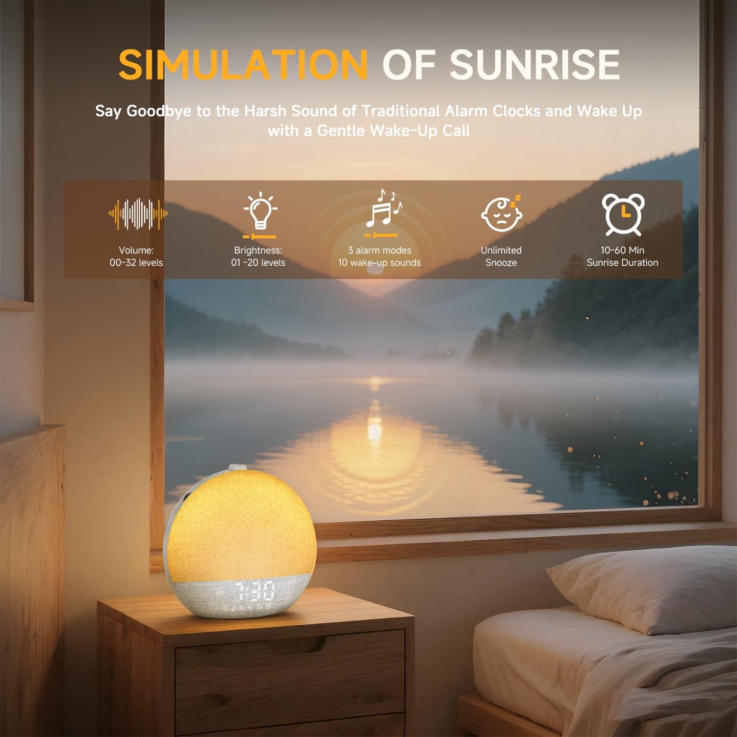 Geuuap Sunrise Alarm Clock with White Noise & Sleep Lights | Gentle Wake-Up, Bluetooth Speaker, Screen-Free