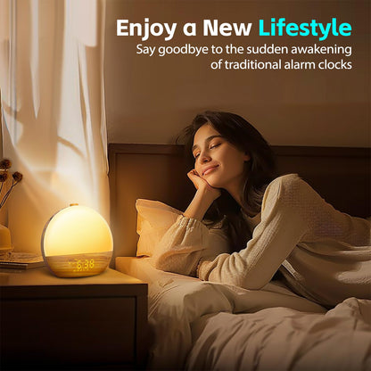Geuuap Wood Grain Sunrise Alarm Clock — 25 Sounds, 17 Lights, Bluetooth Speaker