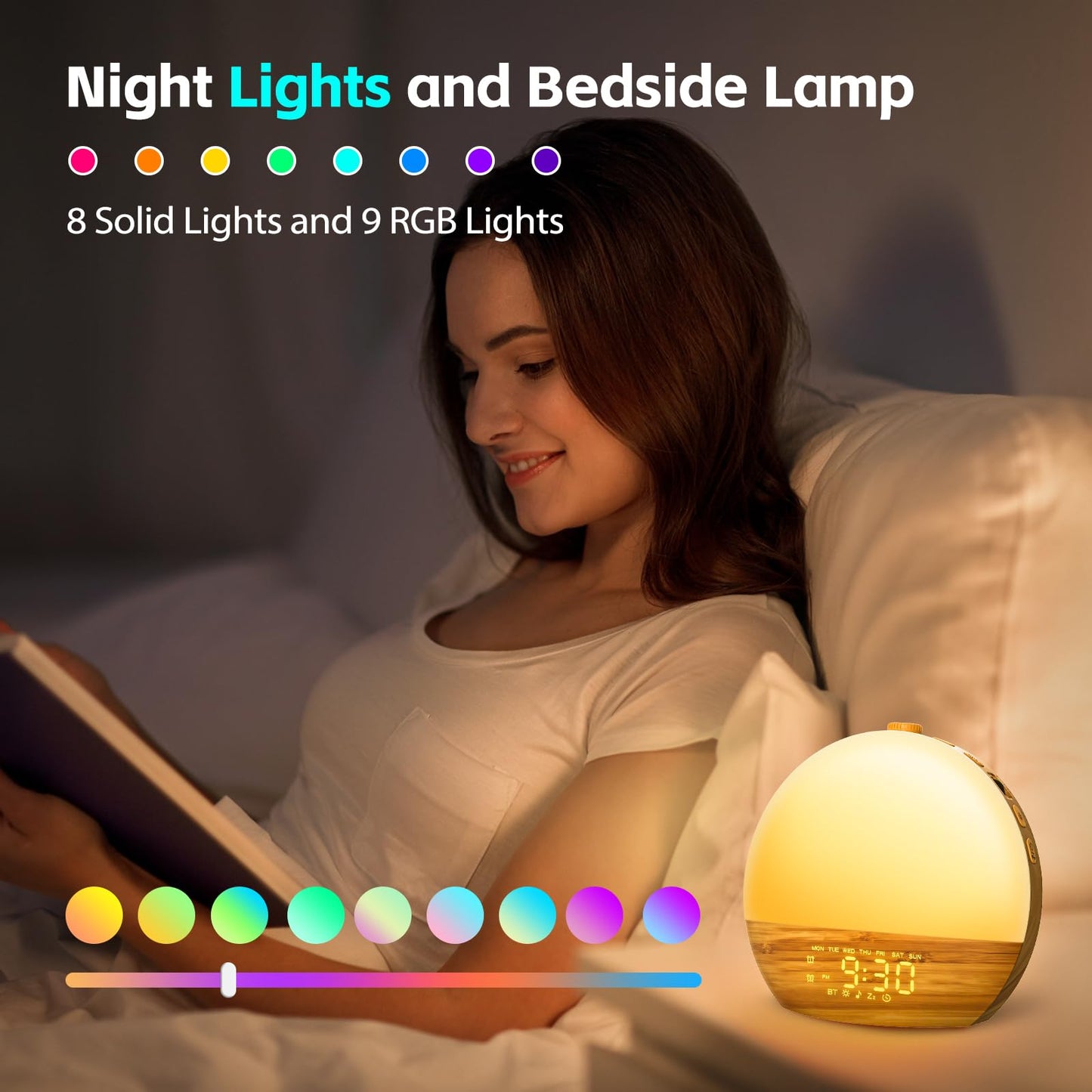 Geuuap Wood Grain Sunrise Alarm Clock — 25 Sounds, 17 Lights, Bluetooth Speaker