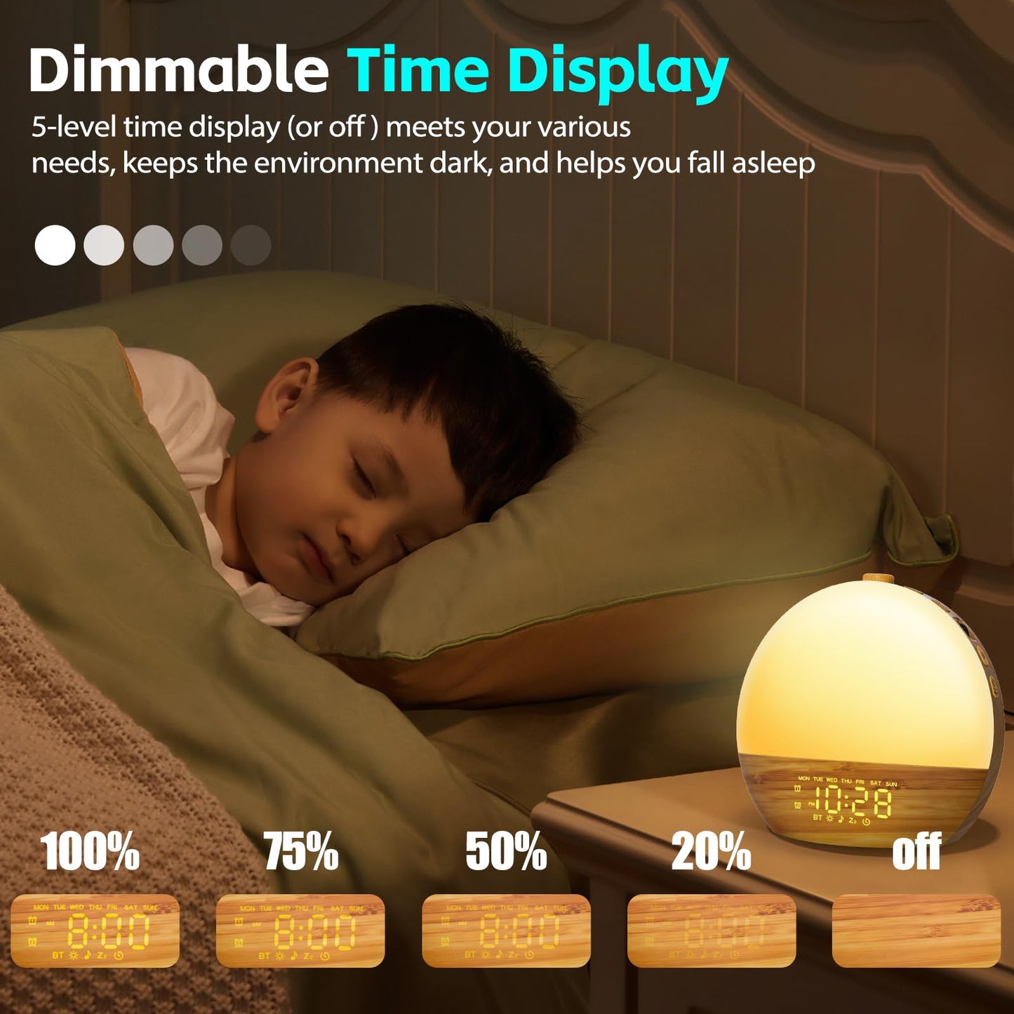 Geuuap Wood Grain Sunrise Alarm Clock — 25 Sounds, 17 Lights, Bluetooth Speaker