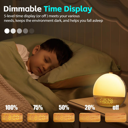 Geuuap Wood Grain Sunrise Alarm Clock — 25 Sounds, 17 Lights, Bluetooth Speaker