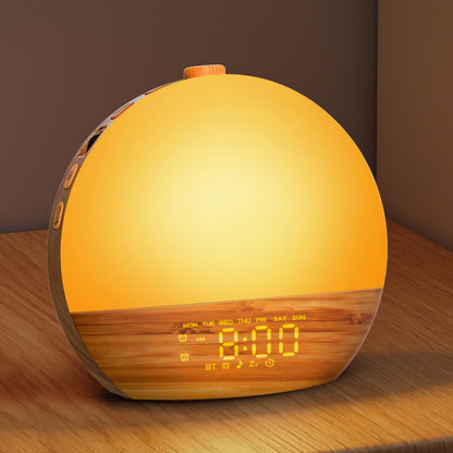 Geuuap Wood Grain Sunrise Alarm Clock — 25 Sounds, 17 Lights, Bluetooth Speaker
