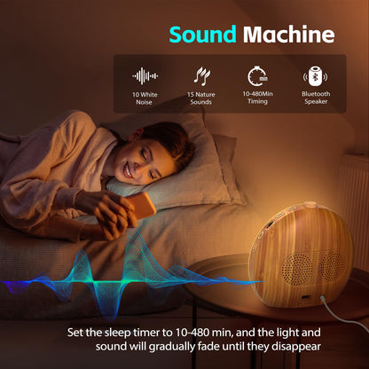 Geuuap Wood Grain Sunrise Alarm Clock — 25 Sounds, 17 Lights, Bluetooth Speaker