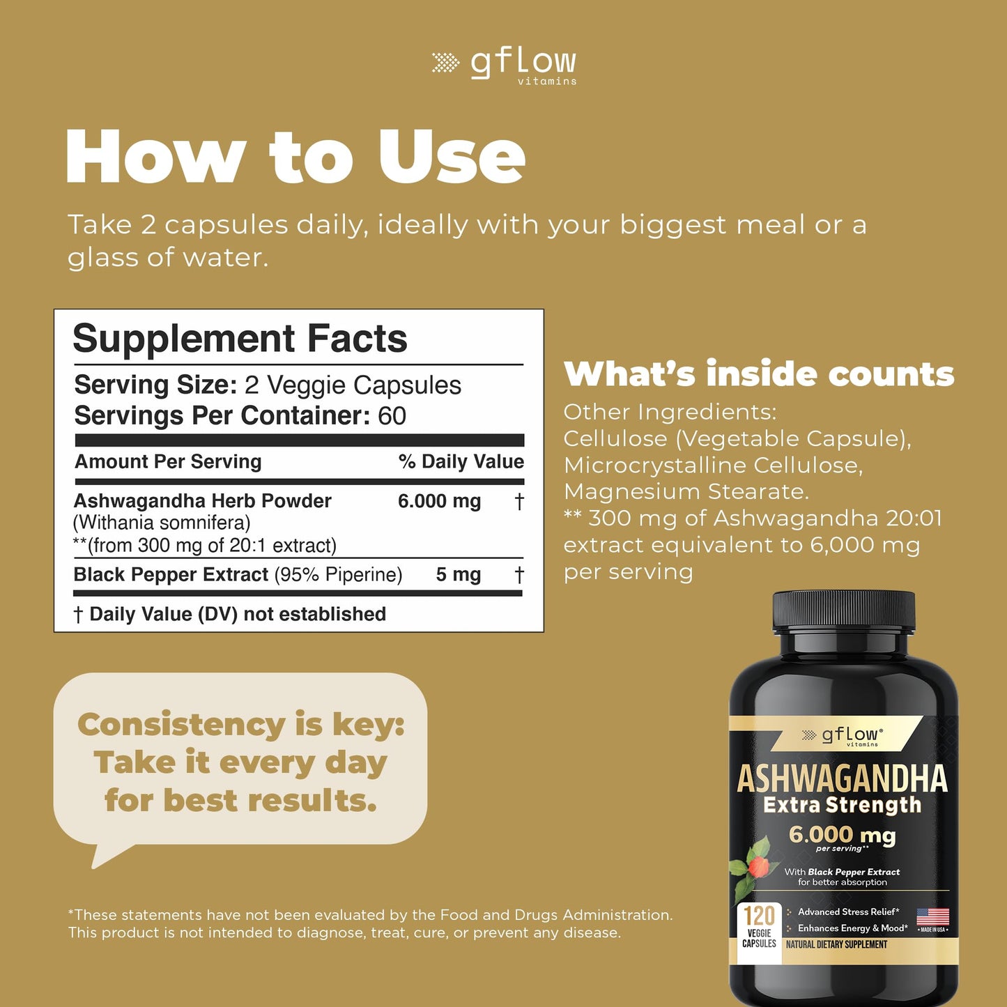 Gflow Ashwagandha 6000mg – Extra Strength for Women & Men | Sleep, Mood & Energy | Made in USA